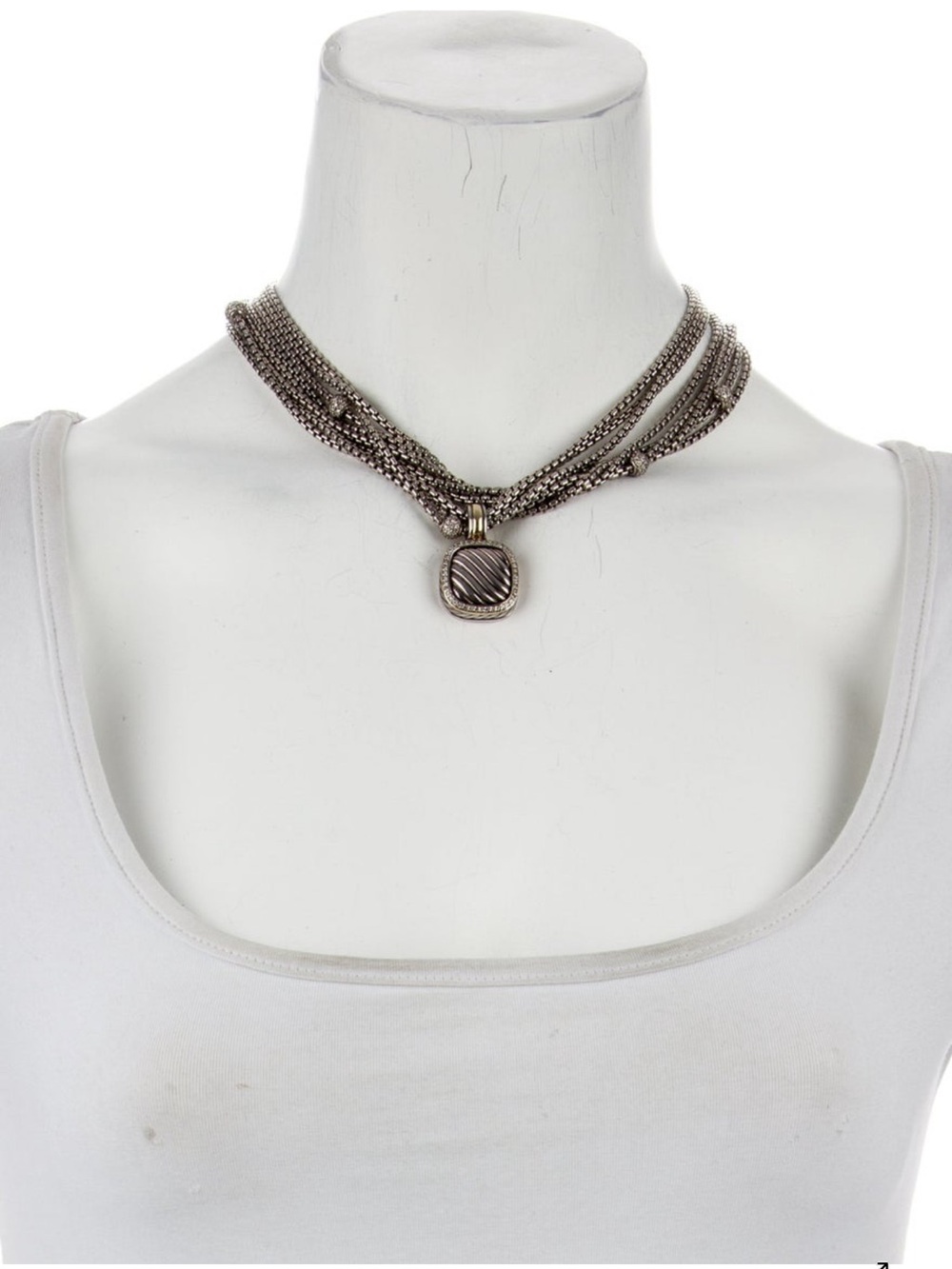 David Yurman Silver Tone Multi-Strand Necklace with Textured Pendant